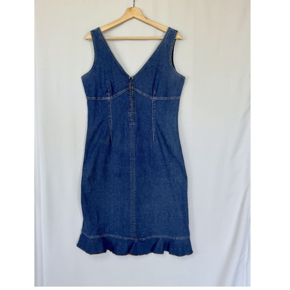 90s Vintage Tabloid Blue Stretch Denim V Neck Ruffle Sleeveless Midi Dress Large